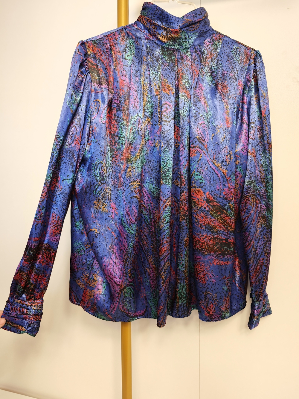 Vintage Silky Blue Multicolor High-Neck Jewel Tones Long-Sleeve Top Sz 8